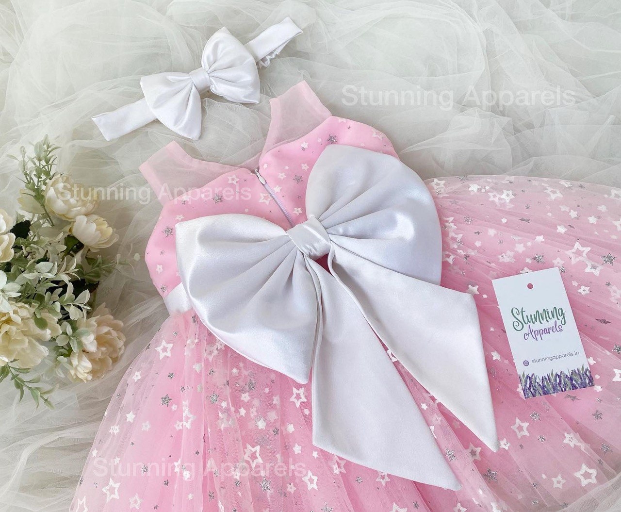 Stylish White Satin Bow Partywear  Baby Pink Dress - 6-9 Month