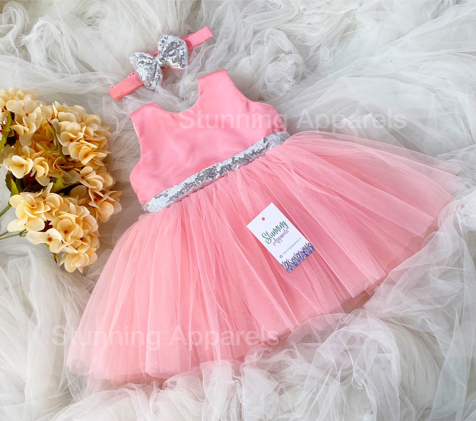 Sliver Sequins Belted Bow Partywear Peach Dress - 3-4 Years