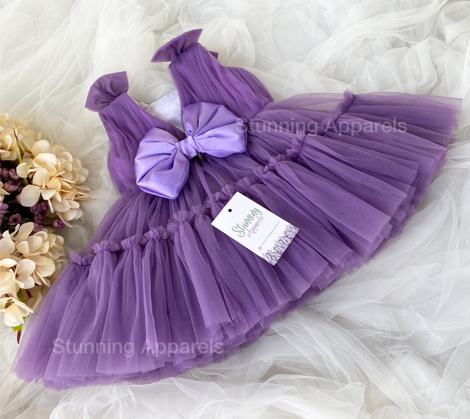 Shoulder Bow Ruffled Partywear Dark Lavender Dress  - 1-2 Years