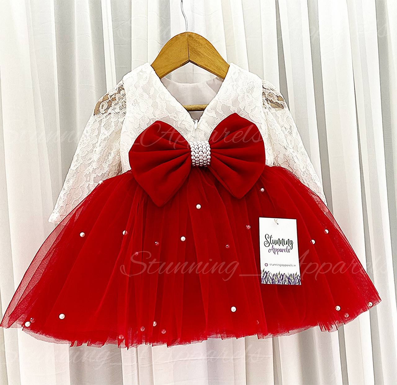 Gorgeous  Pearls Work Bow Partywear Red Dress  - 3-6 Month