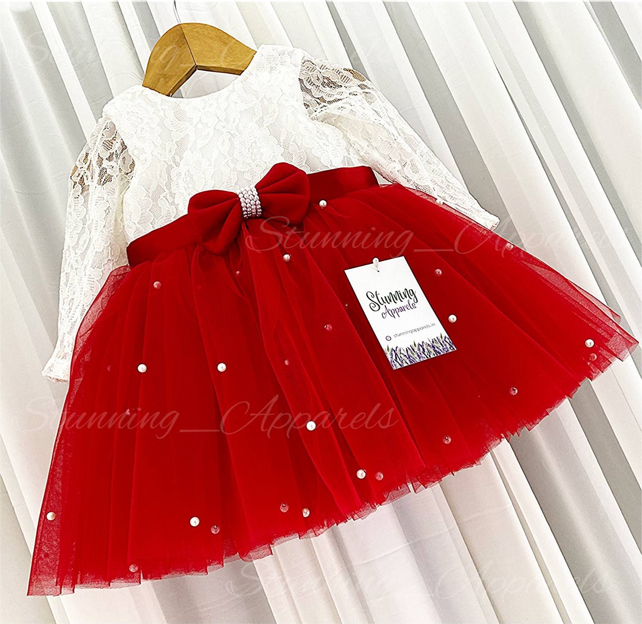 Gorgeous  Pearls Work Bow Partywear Red Dress  - 