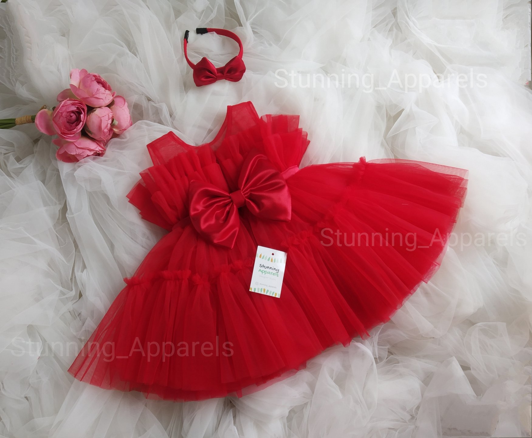 Bekted Bow Ruffked Partywear  Red Dress  - 0-3 Months