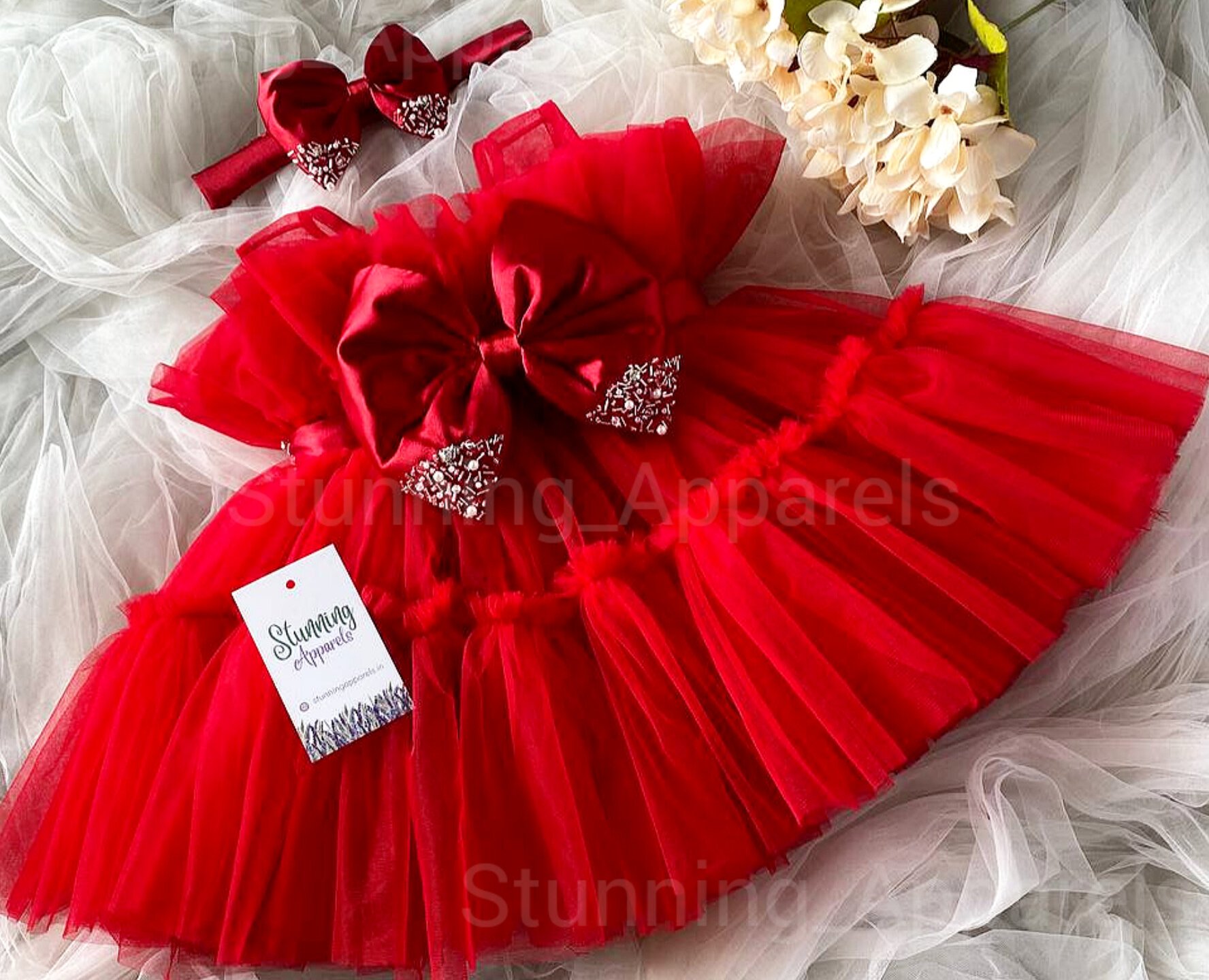 Designer Beads Work Ruffled Partywear Red Dress - 0-3 Months