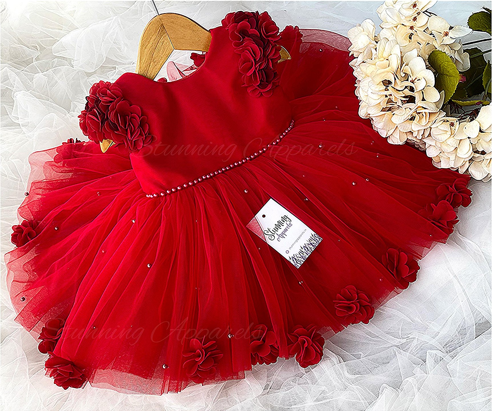 Beautiful Flower Work Cape Sleeves Partywear  Red Dress  - 4-5 Years, Red