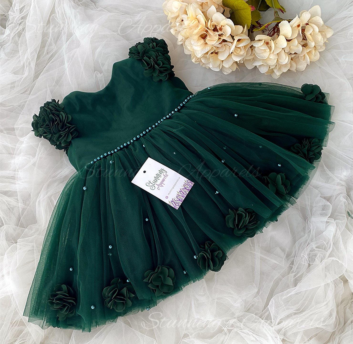 Beautiful Flower Work Cape Sleeves Partywear  Green Dress  - 2-3 Years