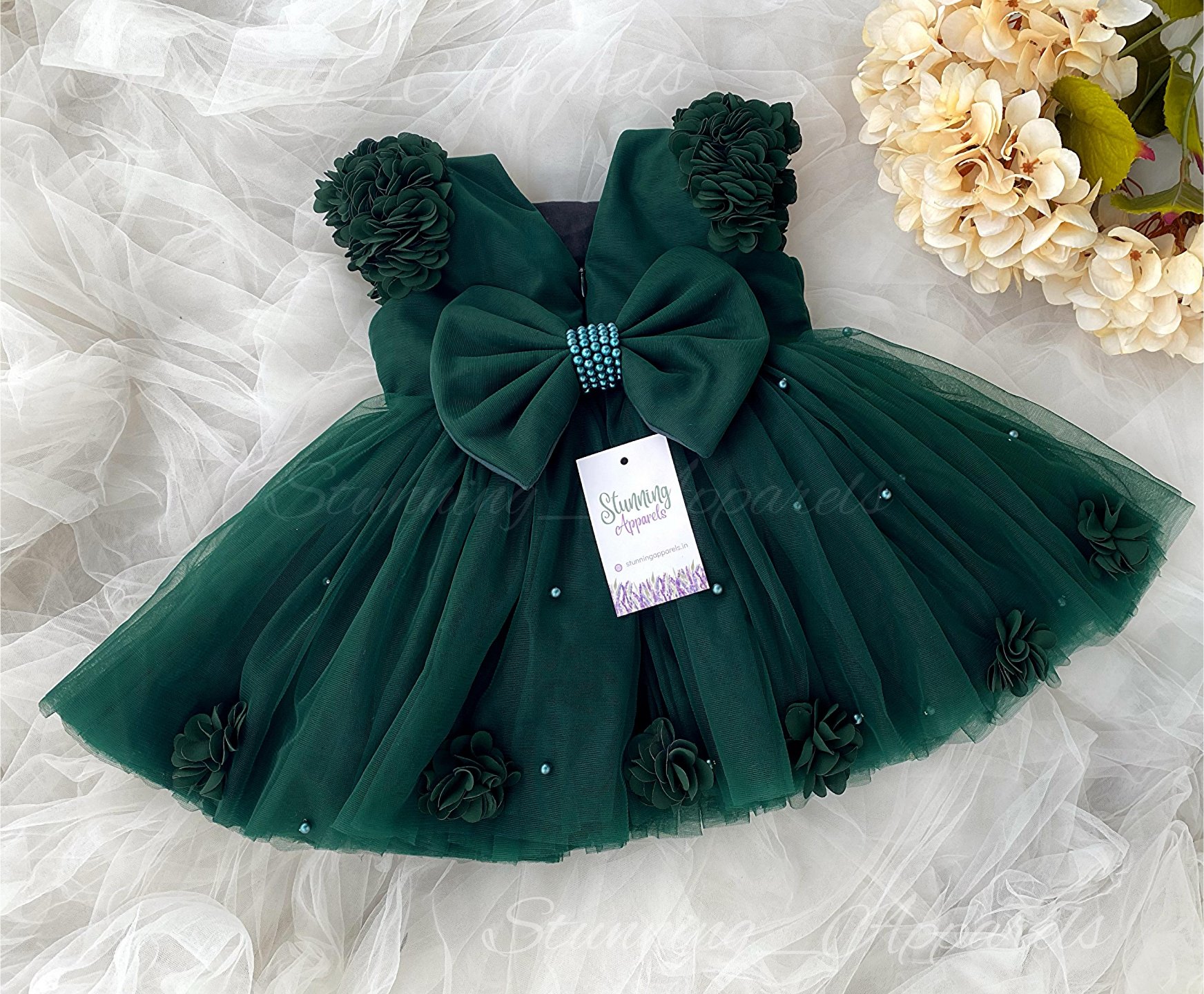 Beautiful Flower Work Cape Sleeves Partywear  Green Dress  - 2-3 Years