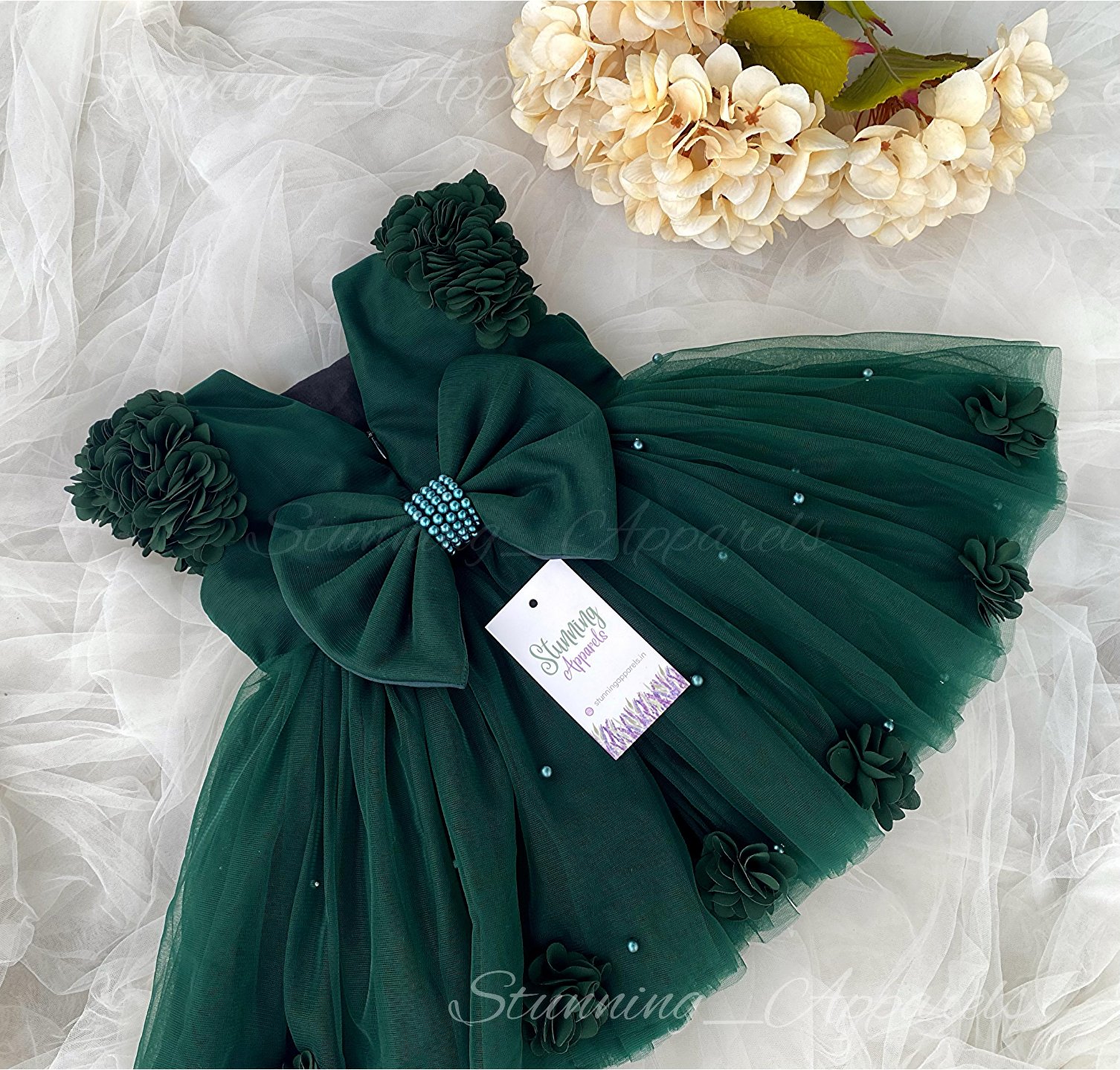 Beautiful Flower Work Cape Sleeves Partywear  Green Dress  - 4-5 Years