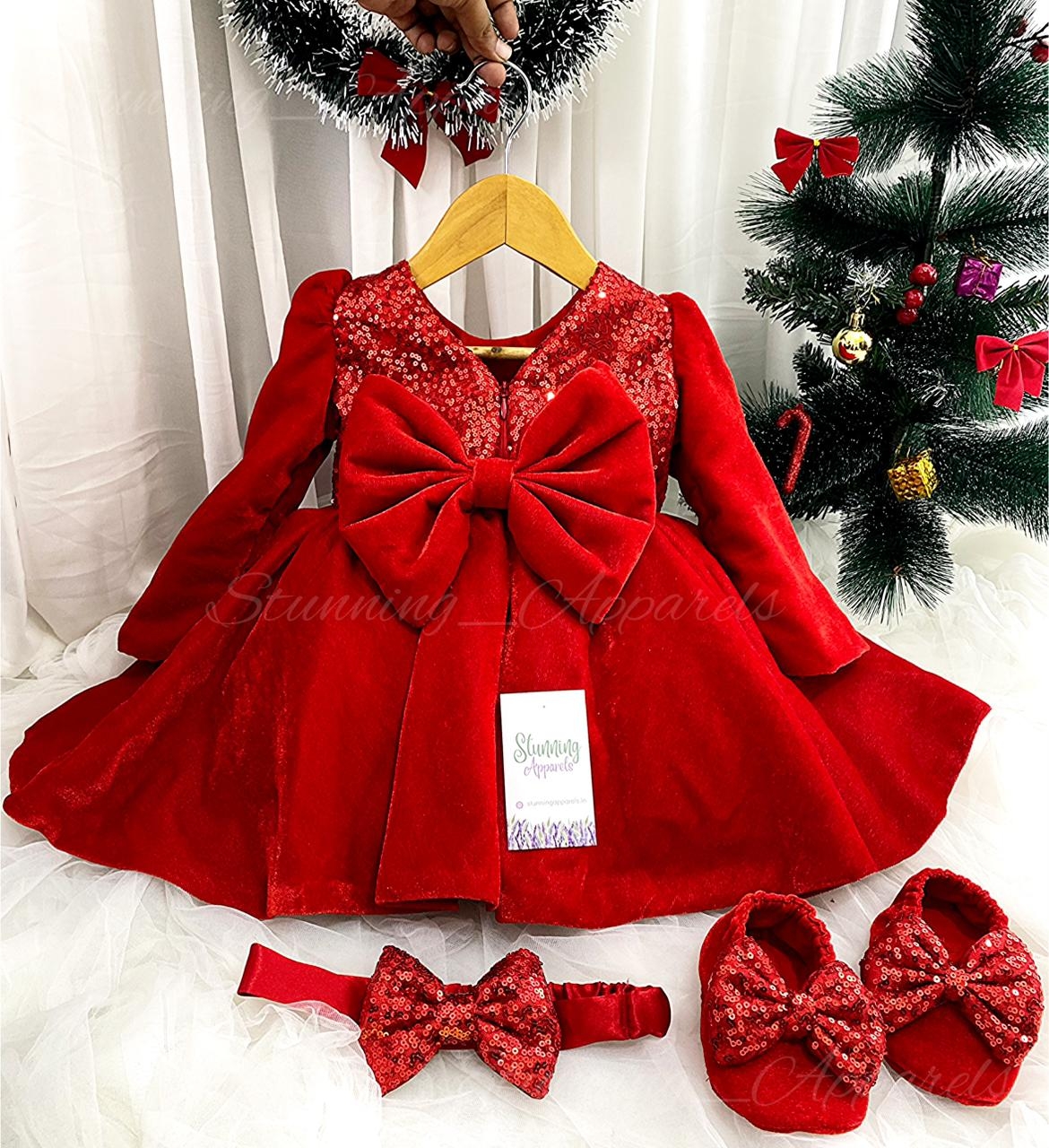 Designer Long Sleeves Red Velevet Christmas  Dress  - 0-3 Months