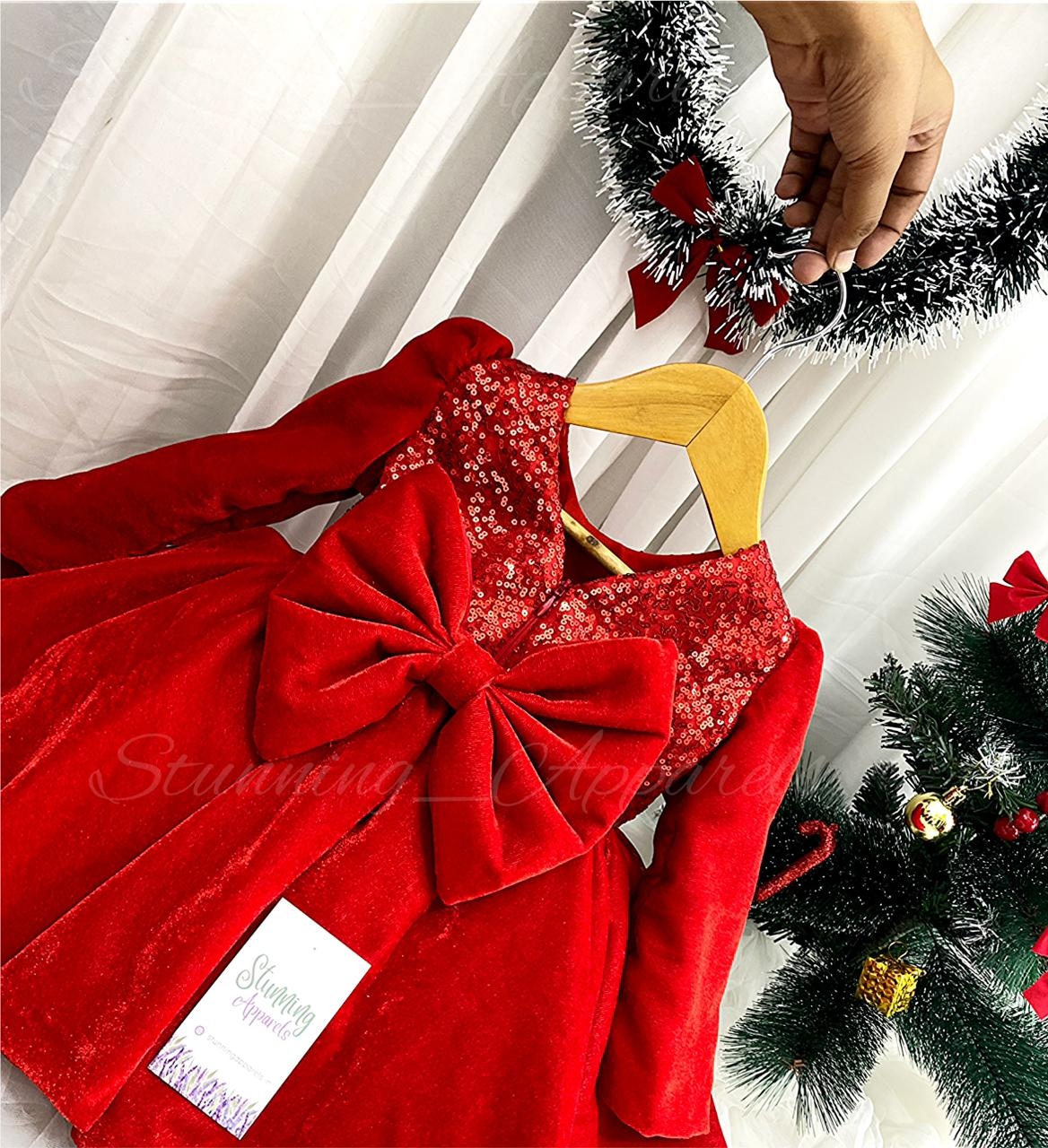 Designer Long Sleeves Red Velevet Christmas  Dress  - 0-3 Months