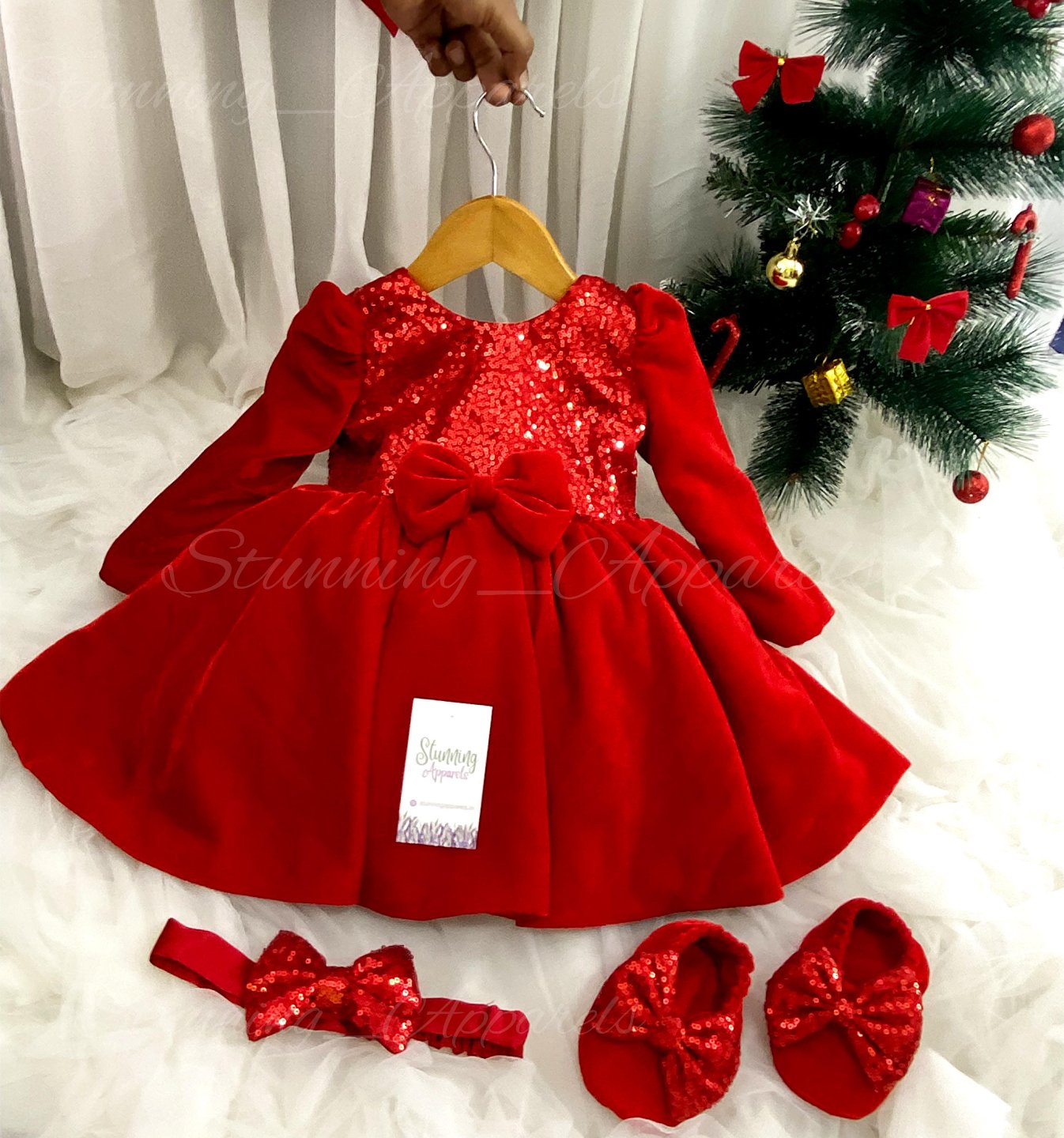 Designer Long Sleeves Red Velevet Christmas  Dress  - 0-3 Months