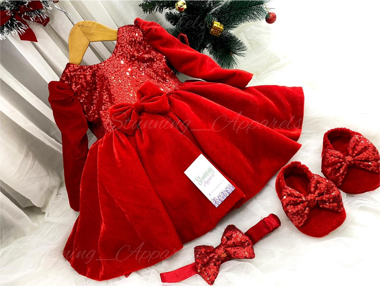 Designer Long Sleeves Red Velevet Christmas  Dress  - 9-12 Month