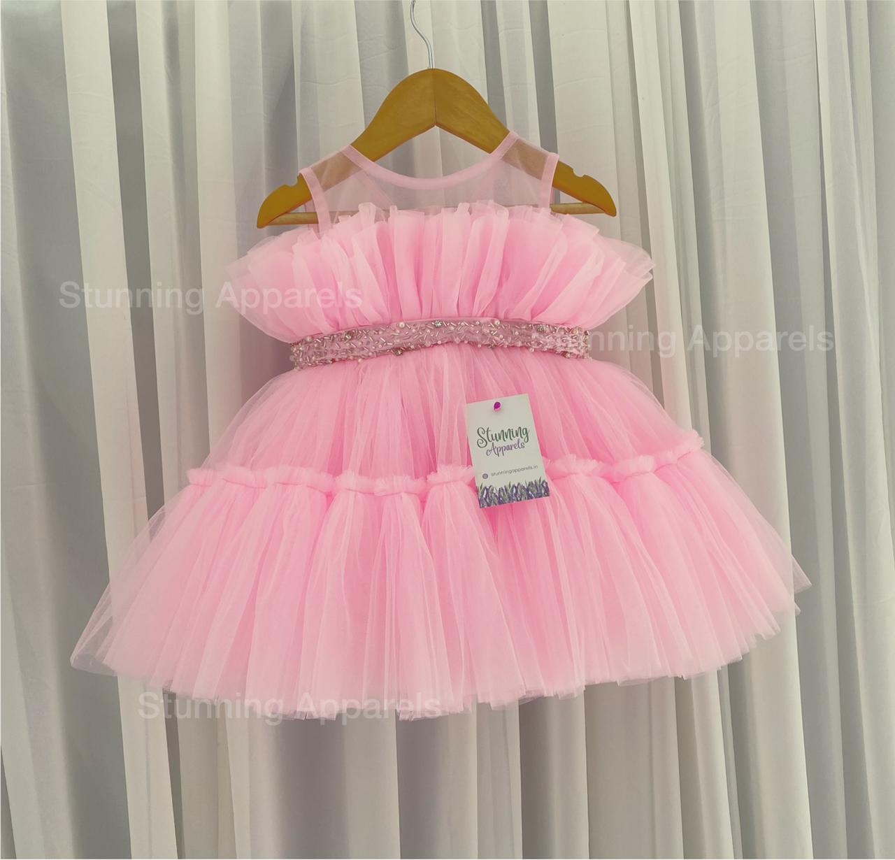 Designer Ruffled Partywear Baby Pink Frock  - 3-6 Month