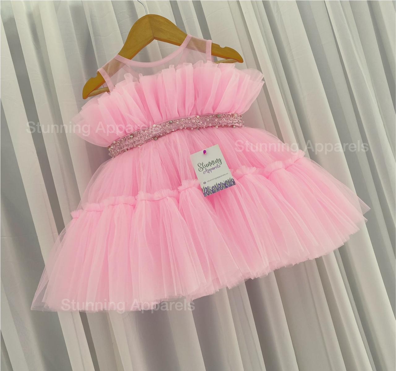 Designer Ruffled Partywear Baby Pink Frock  - 1-2 Years