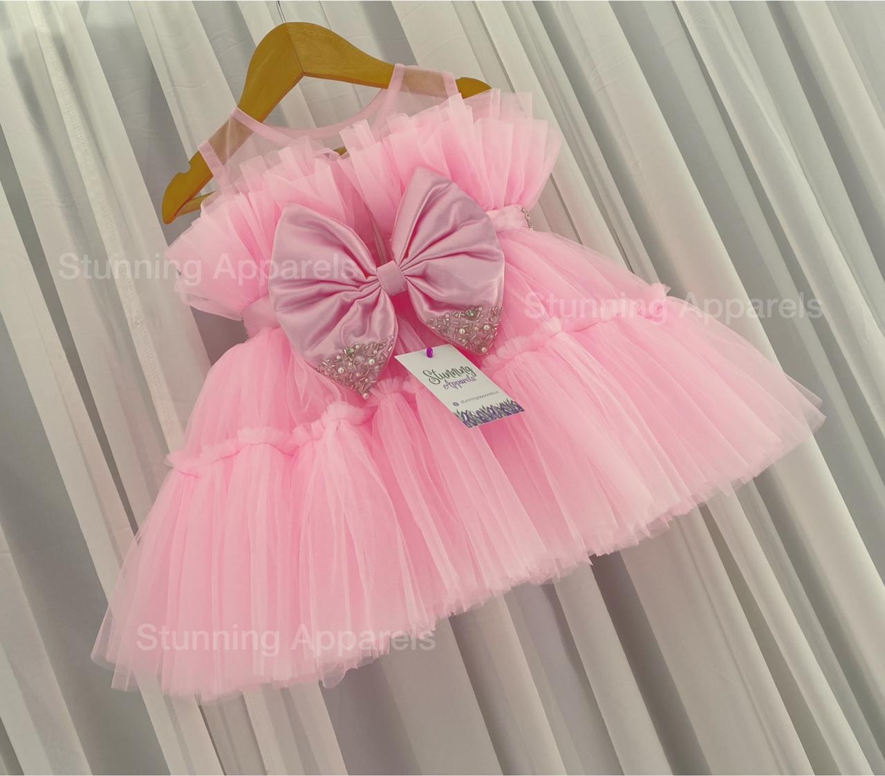 Designer Ruffled Partywear Baby Pink Frock  - 1-2 Years