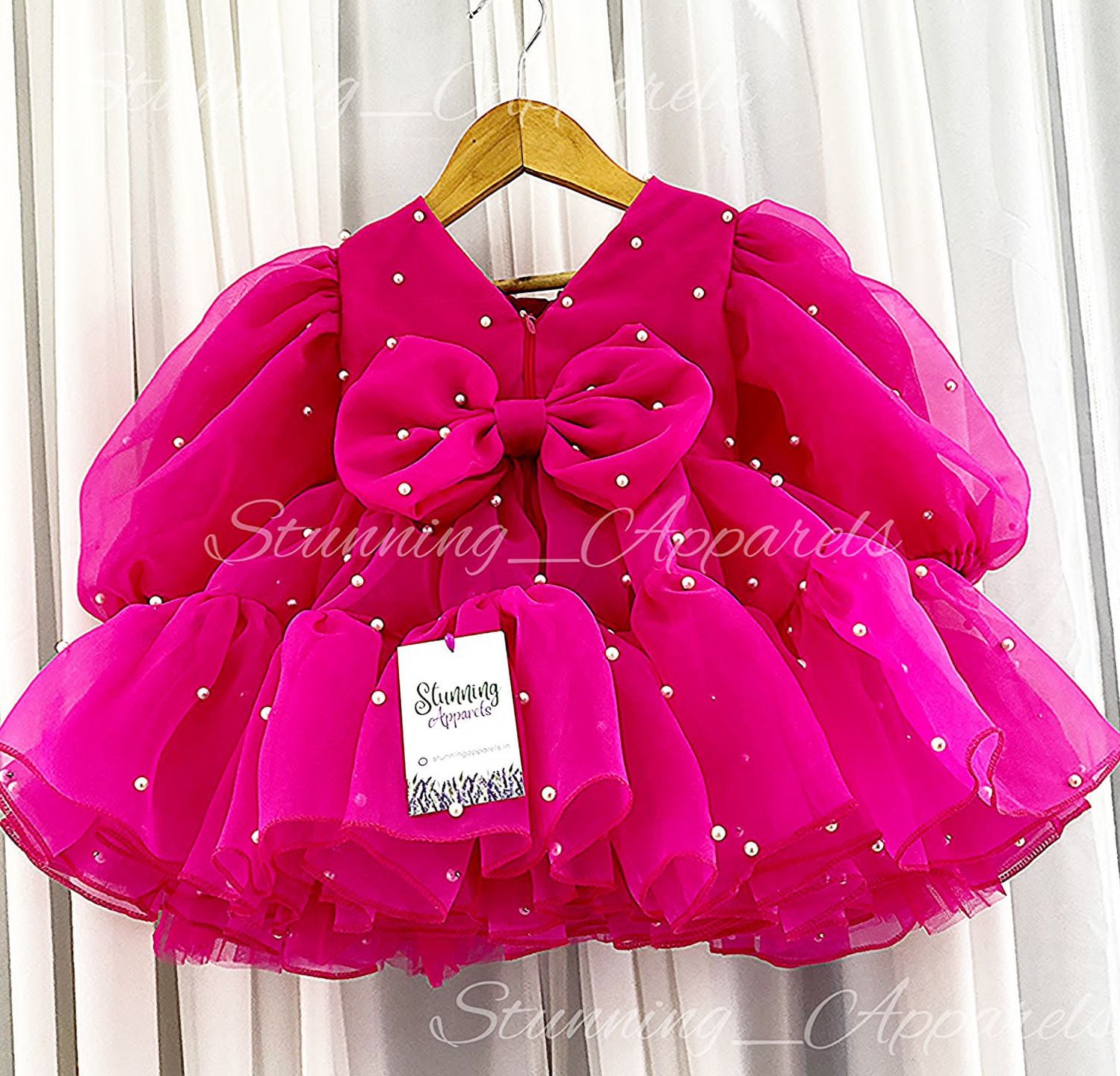 Designer Magenta Long Sleeves Pearls Work Stylish Organza  Frock  - 2-3 Year