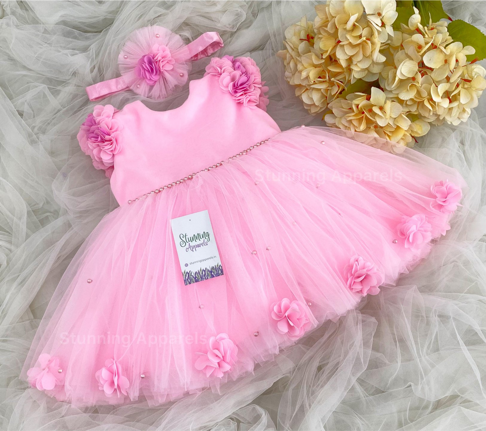 Cape Sleeves Flower Workbaby Pink Frock  - 0-3 Months