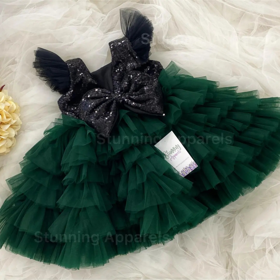 Black Sequins Bow Layer Partywear Green Frock  - 5-6 Years