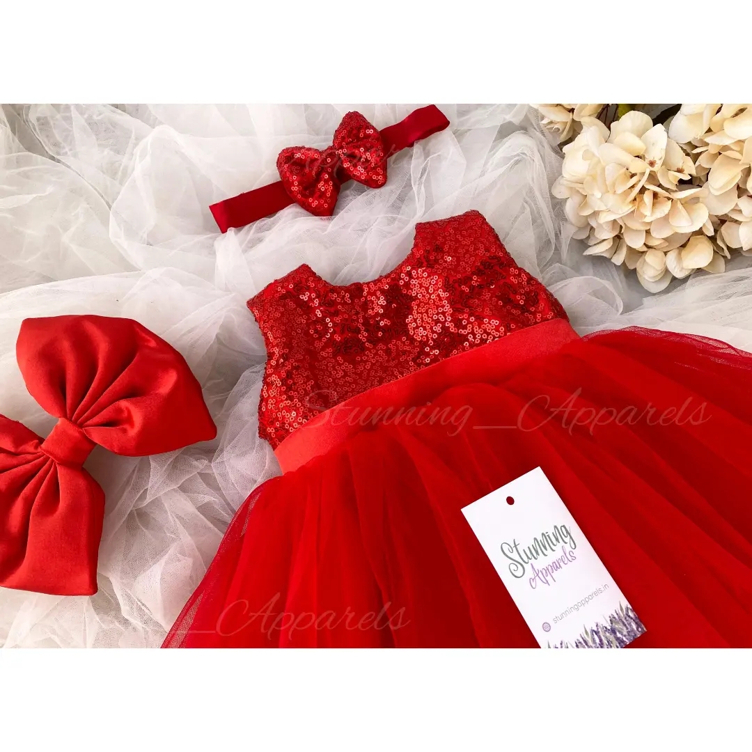 Red Sequins Bow Partywear Red Frock - 3-6 Month