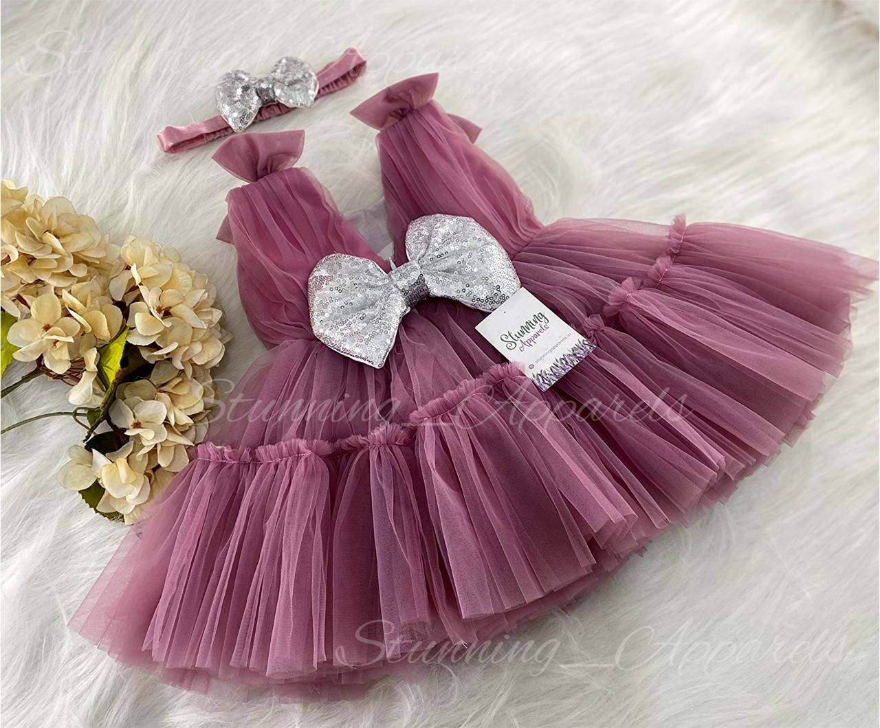 Shoulder Bow Ruffled Dusty Pink Partywear Frock  - 9-12 Month