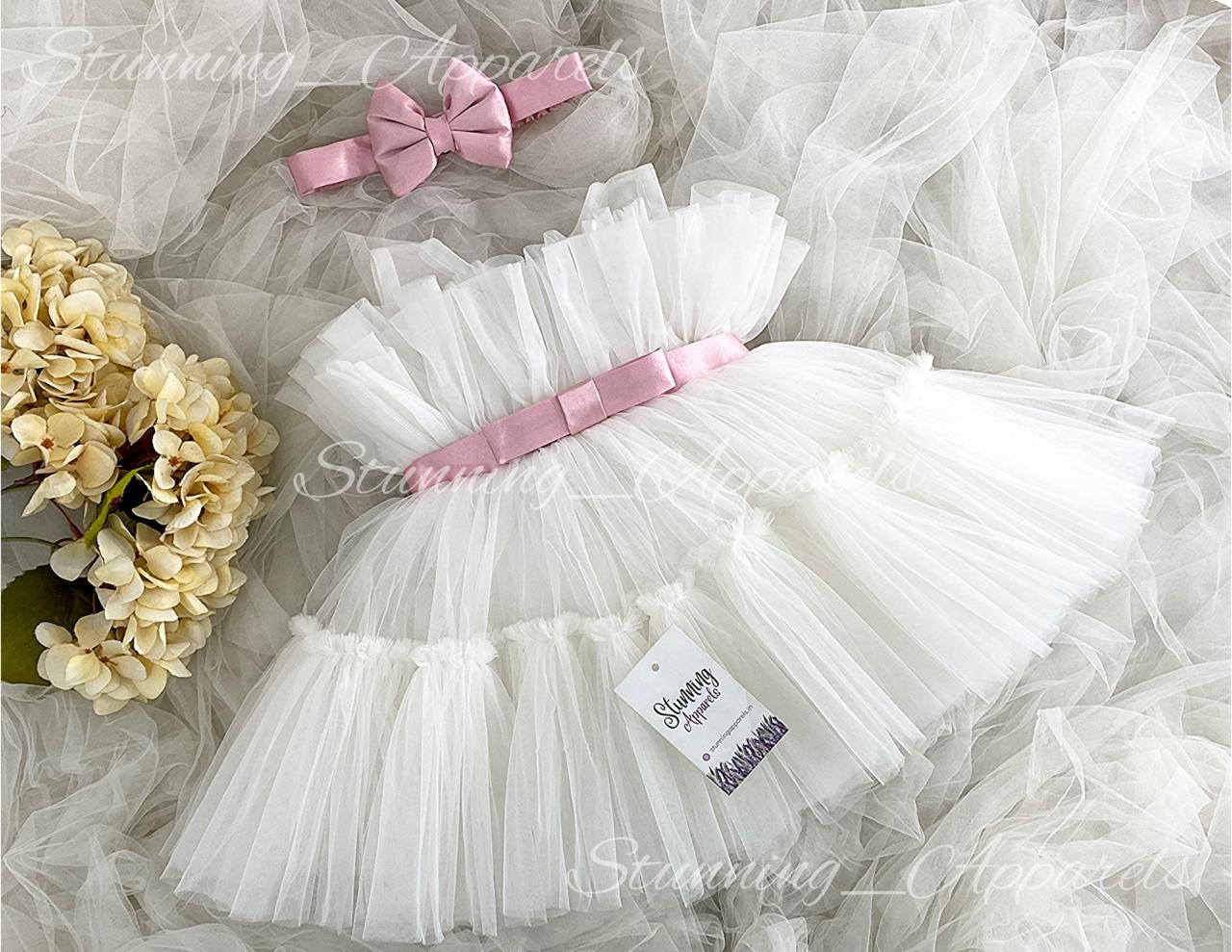 Ruffled Peach Satin  Bow Partywear White Frock  - 1-2 Years