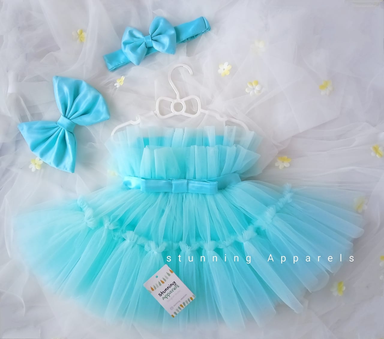 Satin Bow Ruffled Partywear Sky Blue Frock  - 3-4 Years