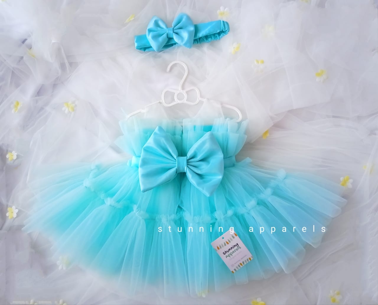 Satin Bow Ruffled Partywear Sky Blue Frock  - 3-4 Years