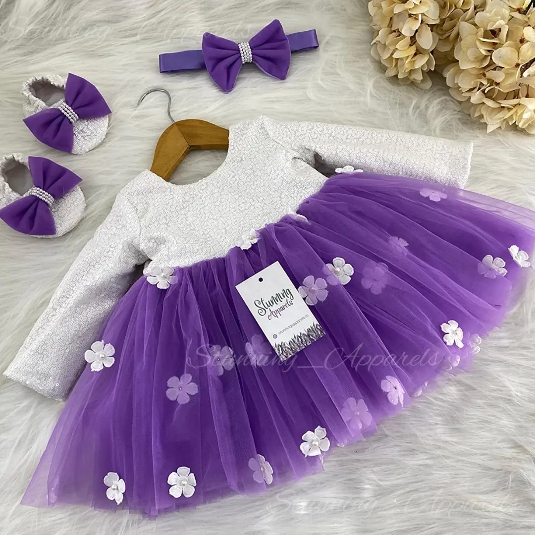 White Flower Work Long Sleeves Lavender Partywear Frock  - 0-3 Months