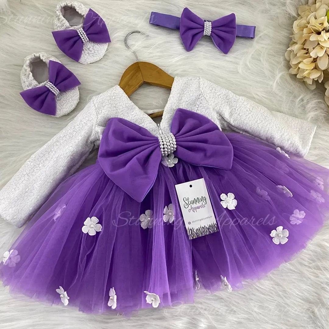 White Flower Work Long Sleeves Lavender Partywear Frock  - 0-3 Months