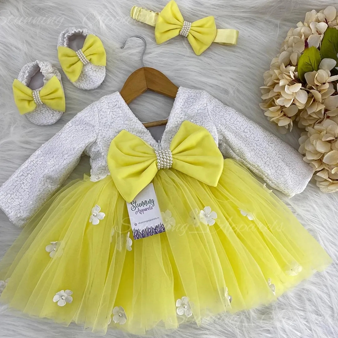 White Flower Work Partywear Lemon Yellow  - 1-2 Years