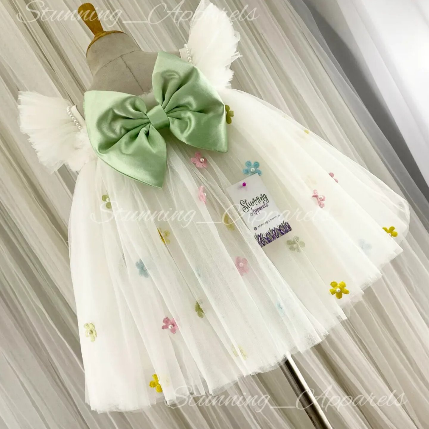 Multi Colors Flower Work Pista Satin Bow Umbrella White Frock  - 6-9 Month