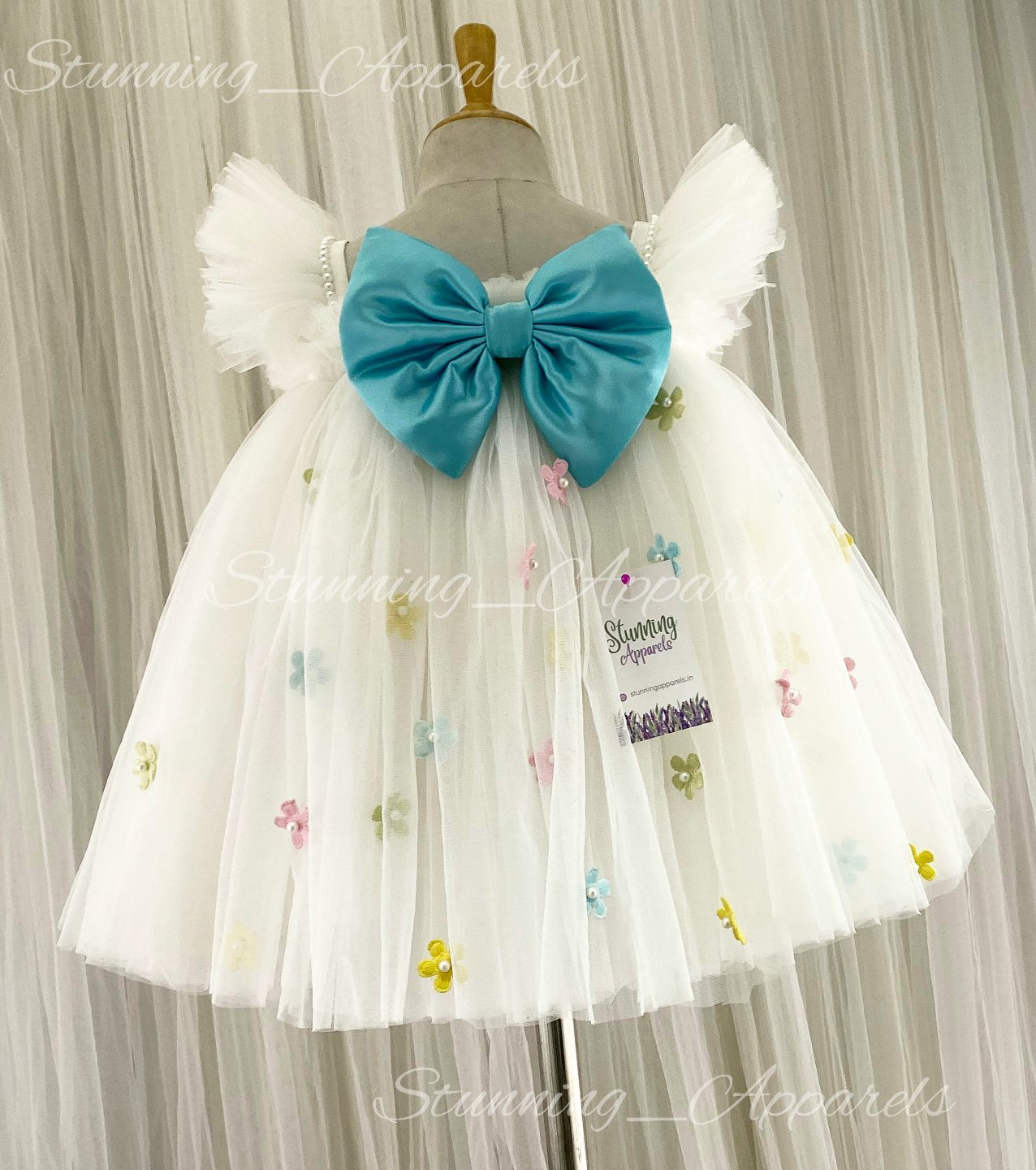 Multi Colors Flowers Work Blue Satin Bow Partywear White Frock  - 4-5 Years