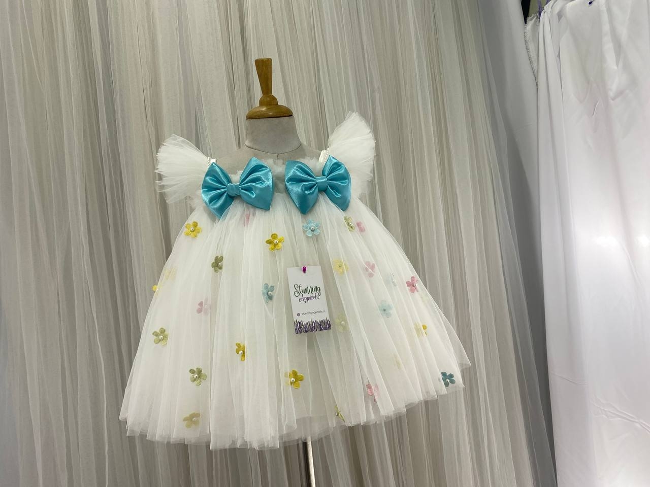 Multi Colors Flowers Work Blue Satin Bow Partywear White Frock  - 4-5 Years