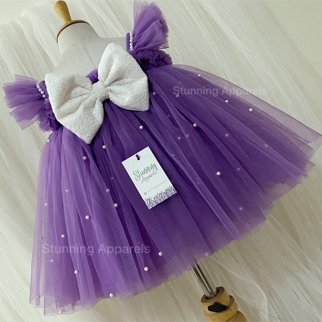 Milky Sequins Bow Partywear Dark Lavender Umbrella Frock  - 3-4 Years