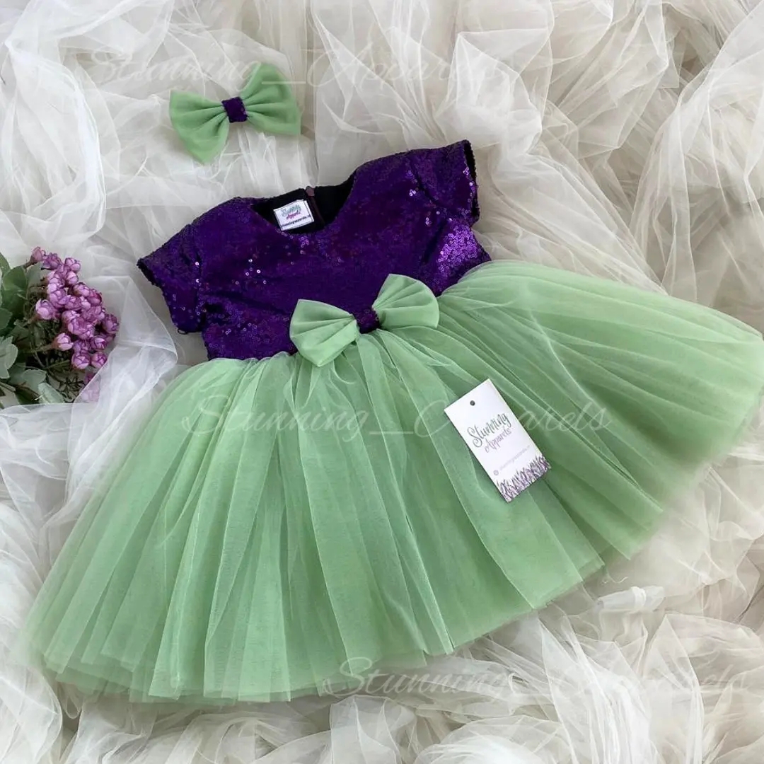 Purple Sequins  Bodice Cape Sleeves Mint Green Partywear Frock  - 3-4 Years