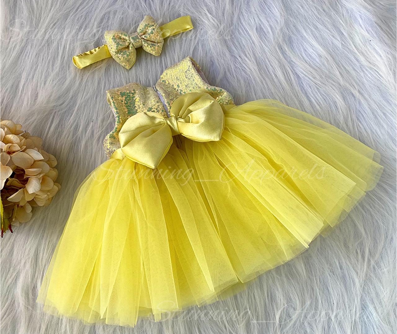 Satin Bow Partywear  Lemon Yellow  Frock  - 9-12 Month