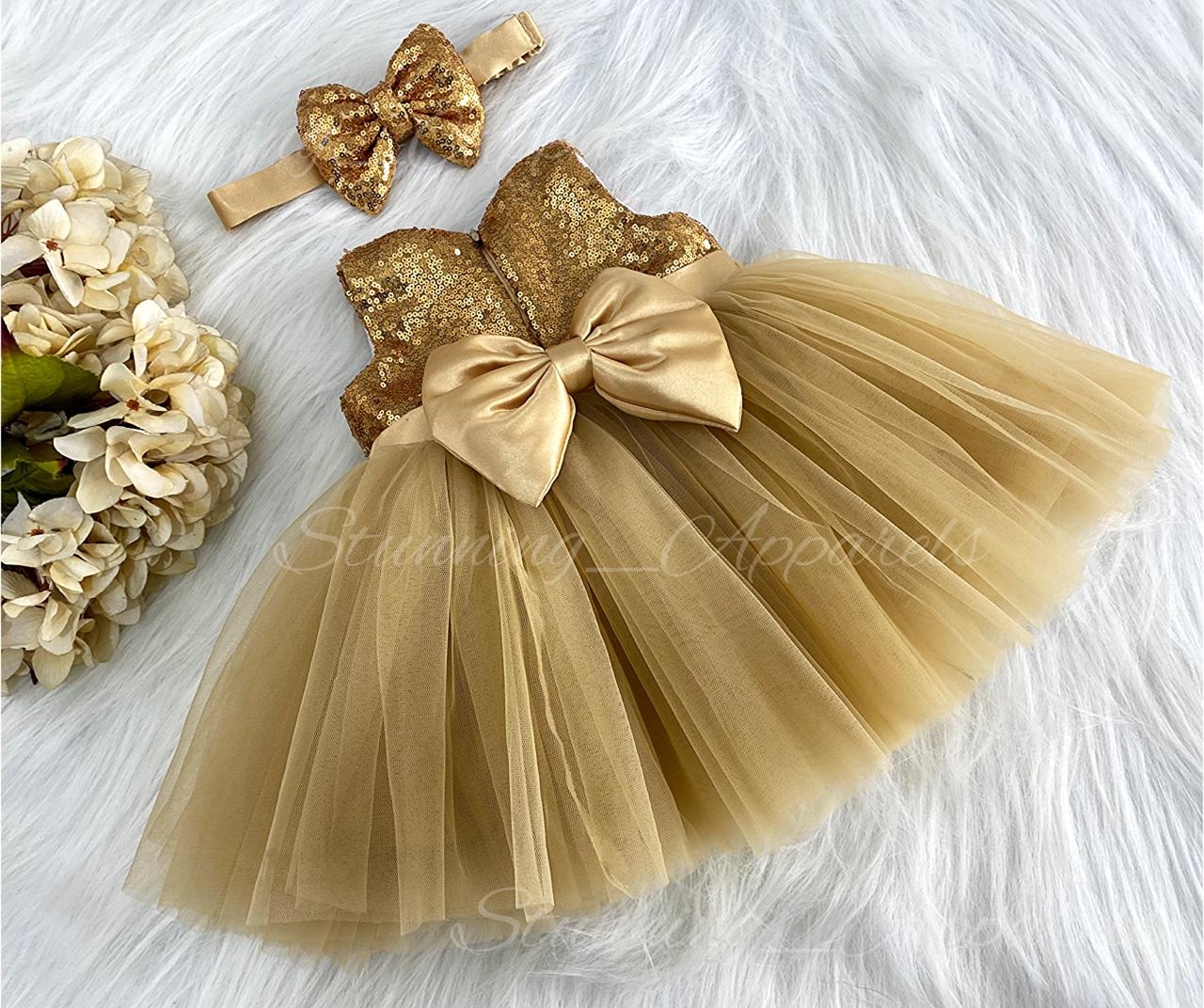 Golden Satin Bow Partywear Golden Frock  - 0-3 Months