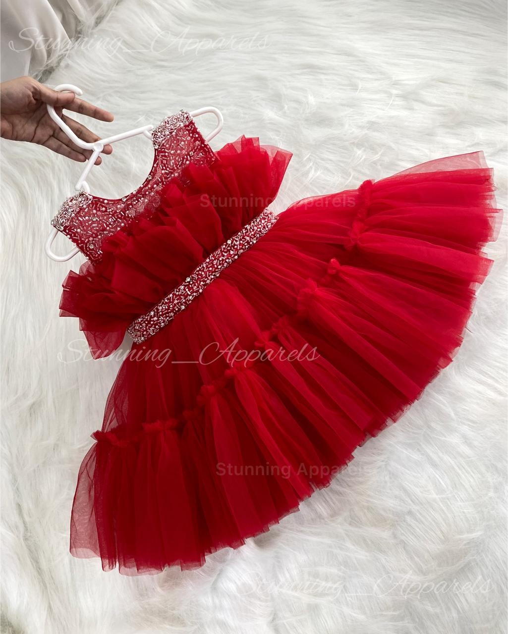 Designer Beads Work Partywear Ruffled Red Frock  - 9-12 Month