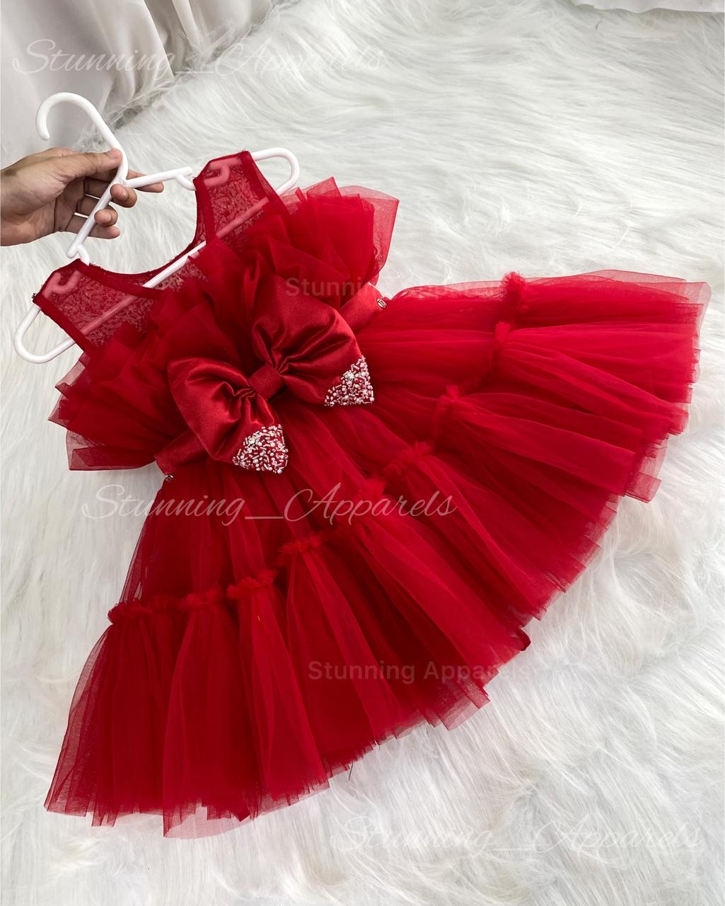 Designer Beads Work Partywear Ruffled Red Frock  - 3-4 Years