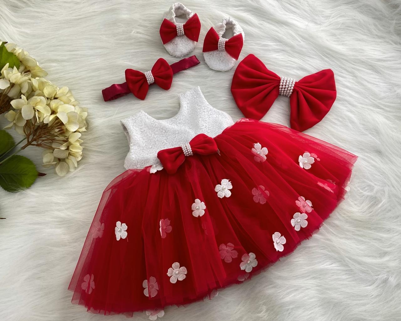 Milky Sequins White Flower Work Partywear  Red Frock  - 1-2 Years