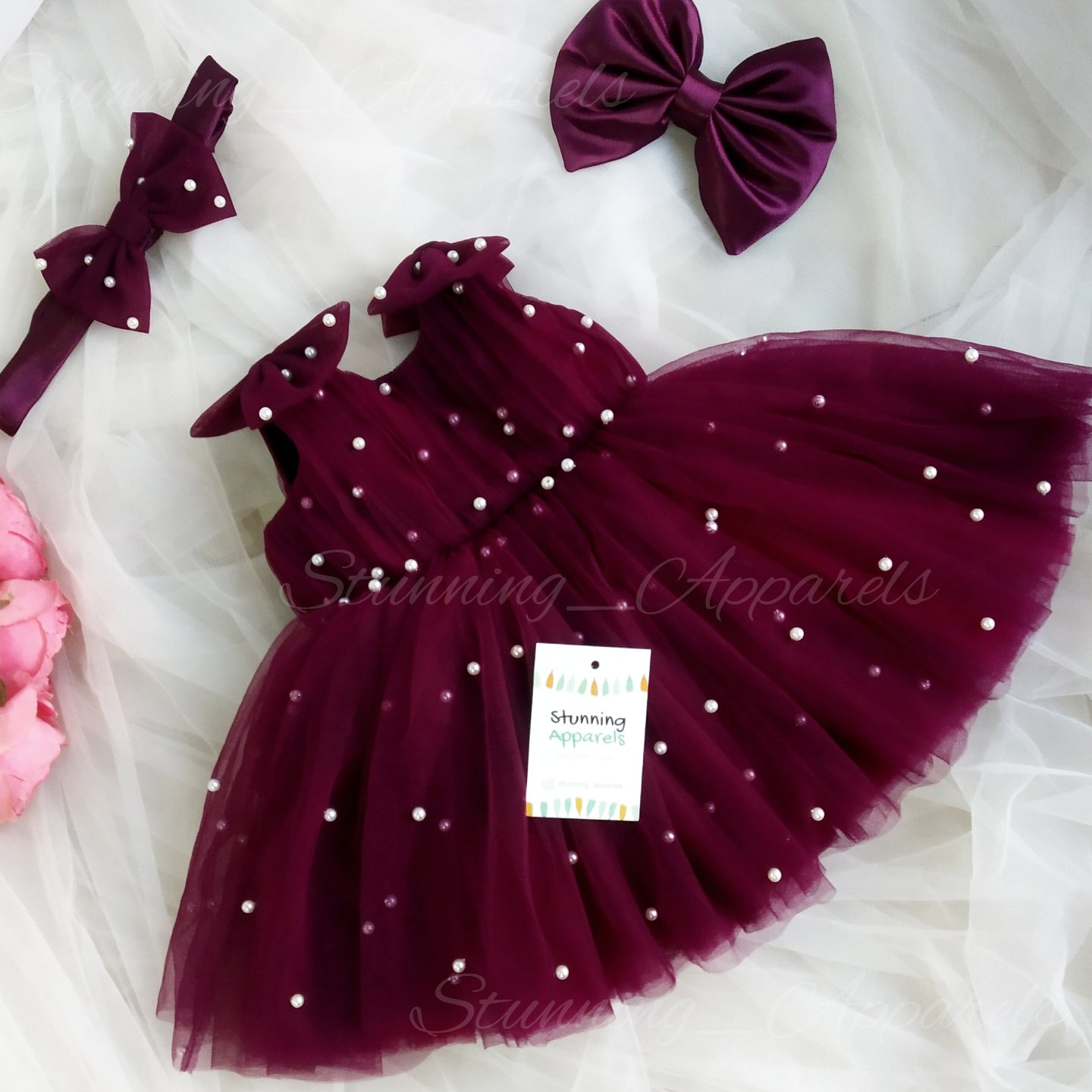 Shoulder Bow Pearls Work Wine Partywear  Frock  - 0-3 Months