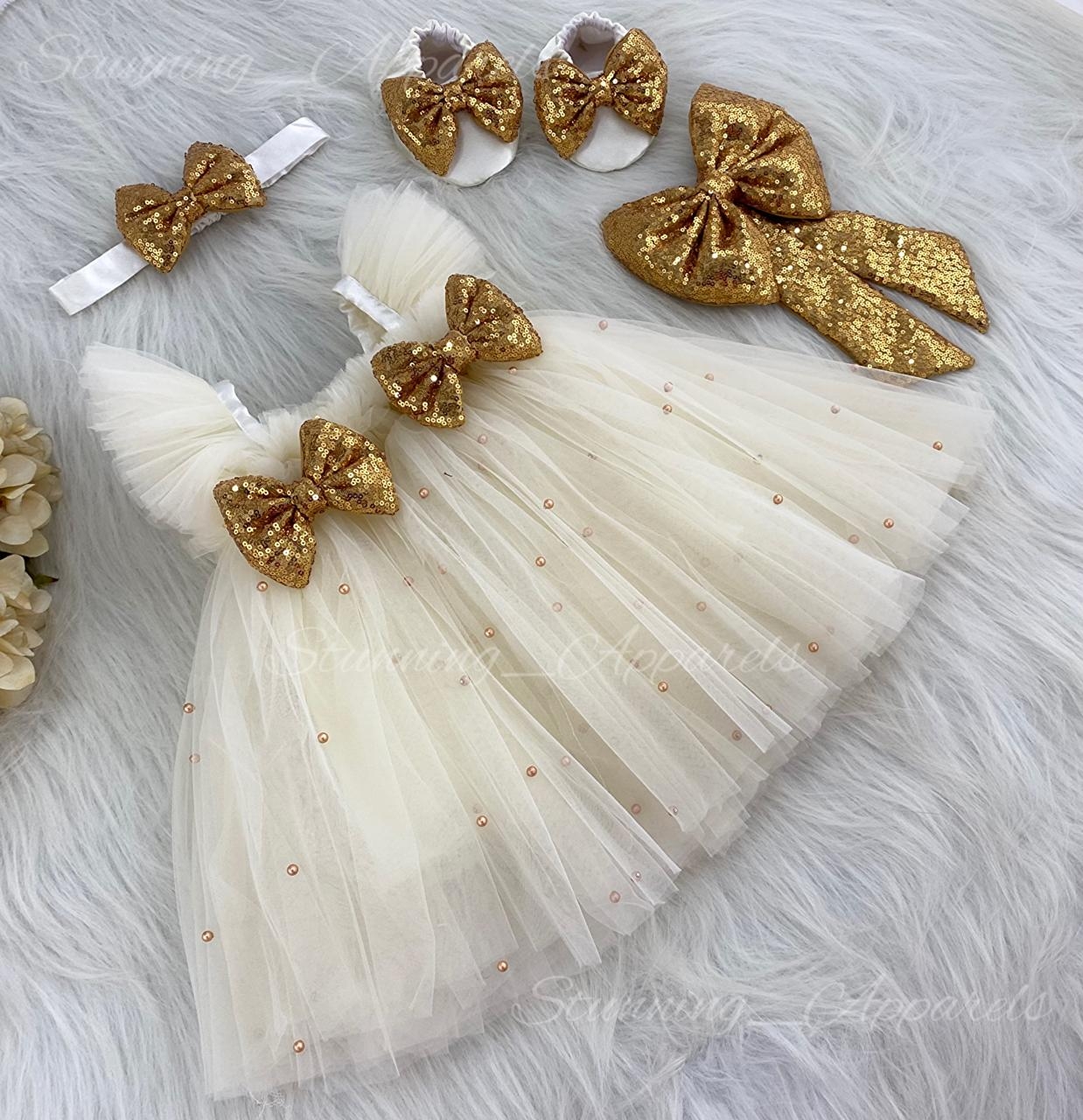 Golden Sequins  Bow Partywear  Cream Umbrella  Frock   - 0-3 Months