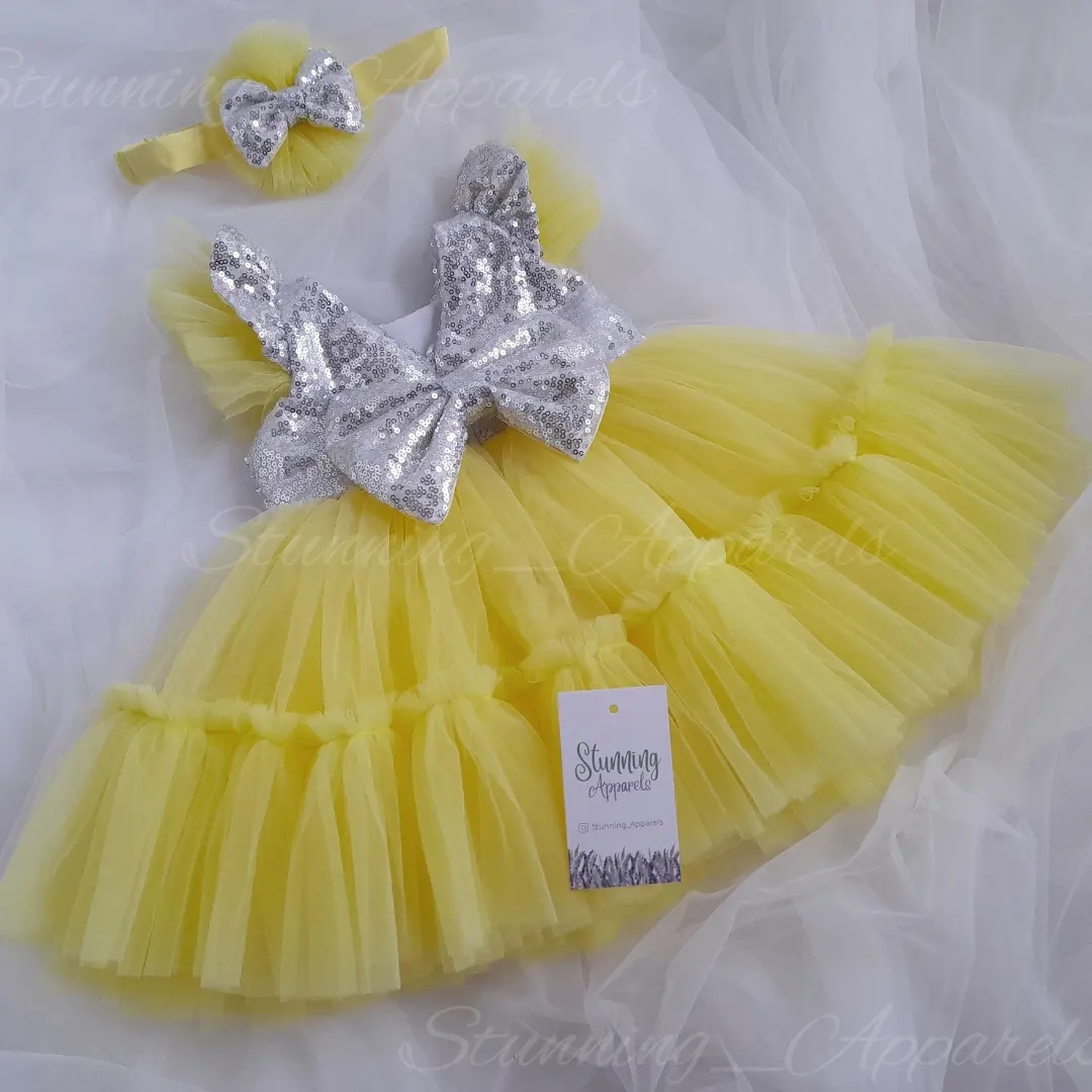 Silver Sequins  Bow Partywear Lemon Yellow Frock  - 3-4 Years