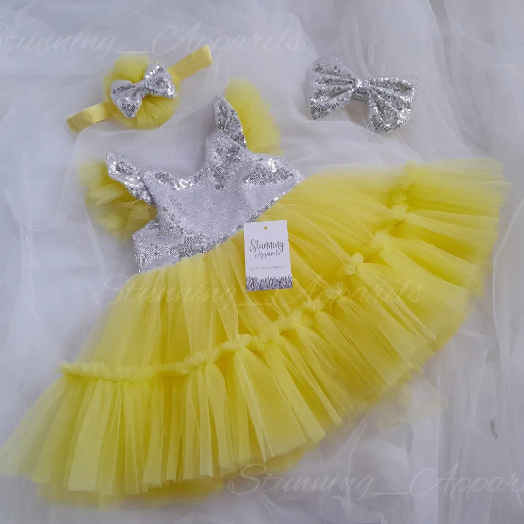 Silver Sequins  Bow Partywear Lemon Yellow Frock  - 3-4 Years