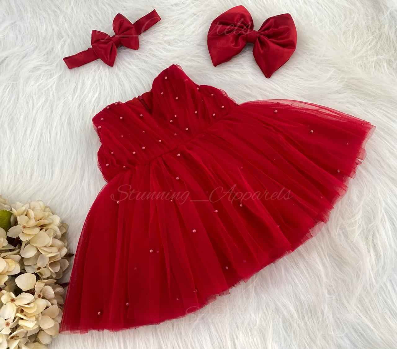 Satin Bow Pearls Work Partywear Red Frock  - 0-3 Months