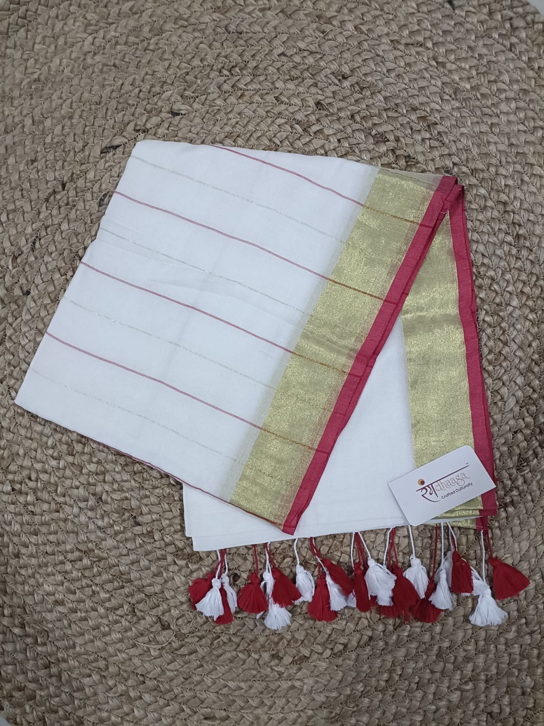 RangDhaaga Mulcotton Saree Off White With Zari Border   - Free