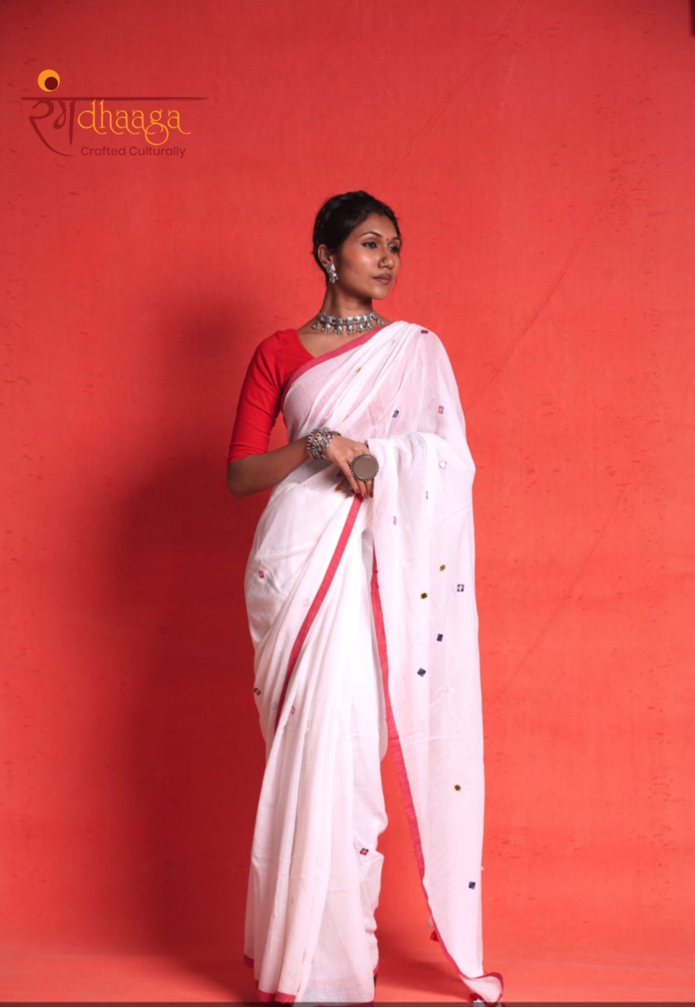 RangDhaaga White Mul Cotton Original Mirror Embroidery Saree  - Free