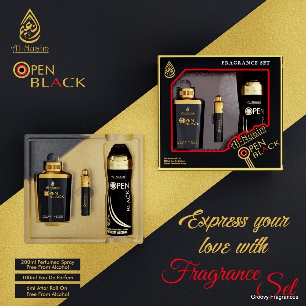 Al Nuaim OPEN BLACK Fragrance Set 3 In 1 - 200ML+100ML+6ML