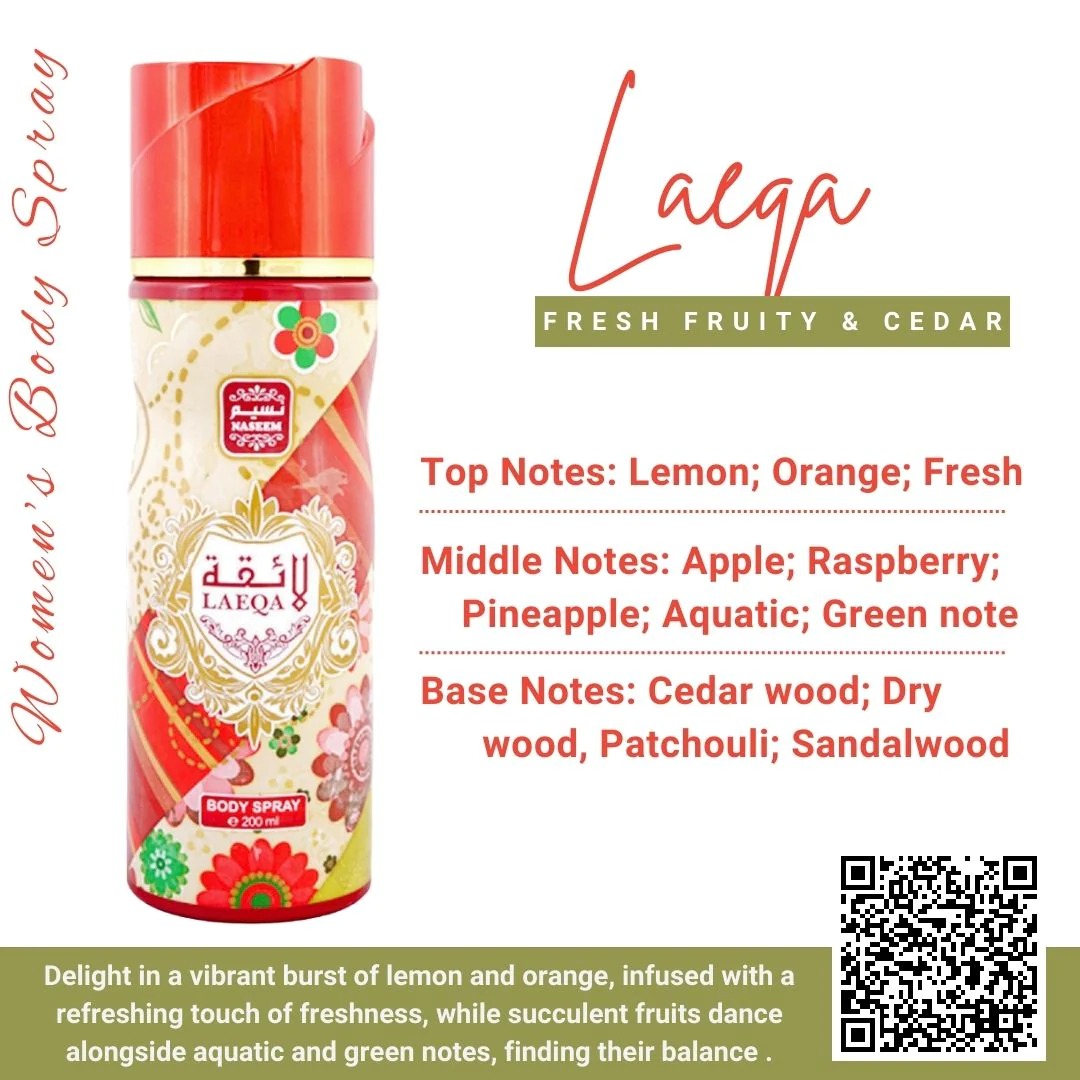 Naseem LAEQA Perfumed Body Spray | No Gas | Alcohol free | For Women - 200ML