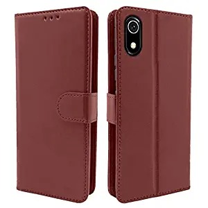 Pikkme Mi Redmi 7A Flip Case Leather Finish | Inside TPU with Card Pockets | Wallet Stand and Shock Proof | Magnetic Closing | Complete Protection Flip Cover for Mi Redmi 7A (Brown)