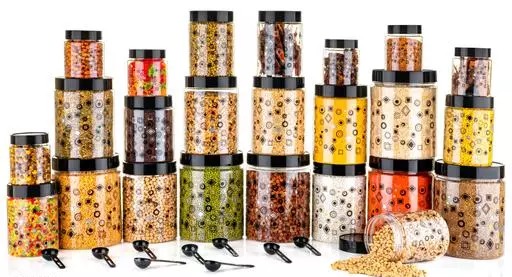 Premium Printed Design Kitchen Containers with 24 Spoons Set Of 24 Black - 250 ml, 350 ml, 650 ml, 1200 ml Plastic Grocery Container (Pack of 24, Black)